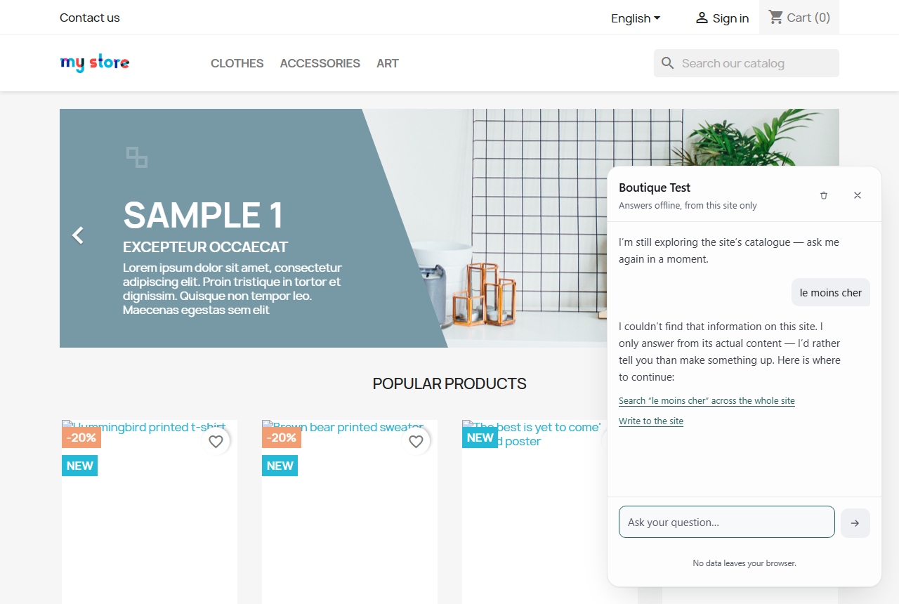 Asystent na sklepie PrestaShop — odpowiada offline, na podstawie witryny.