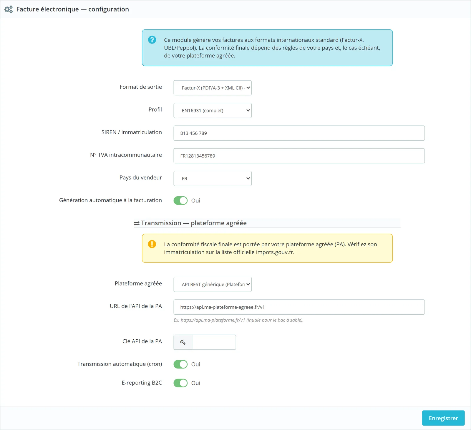 Configuration : format Factur-X (PDF/A-3 + XML CII), profil EN16931, SIREN, TVA