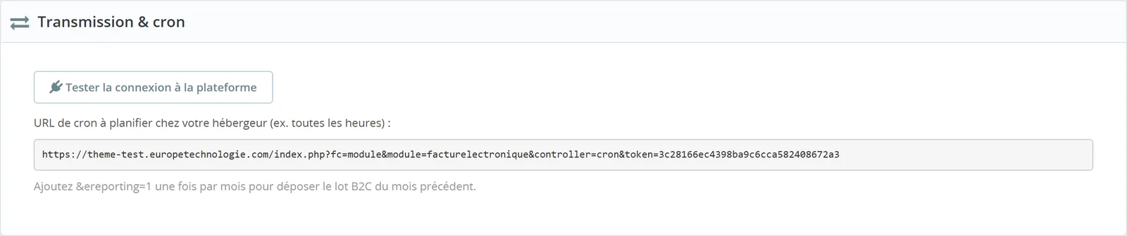 Transmission via plateforme agréée : sélection de la plateforme, clés API, test, cron