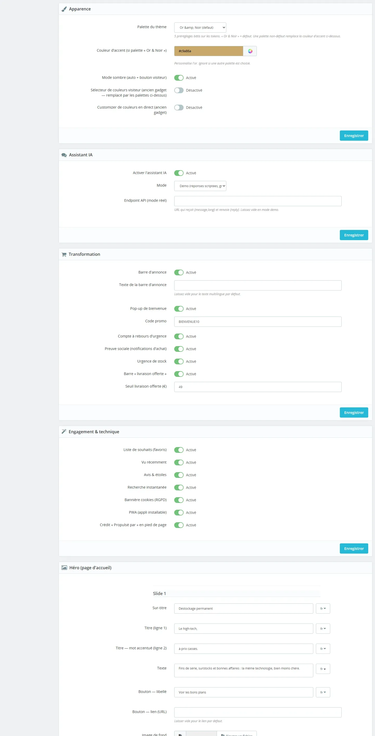 Back-office : palettes, assistant IA, héro éditable